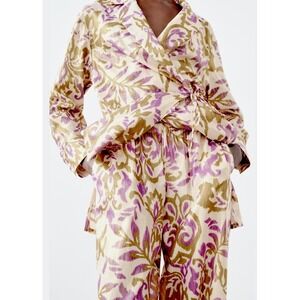 NWT Zara Kimono Wrap Blazer & Pant Set Metallic Floral‎ Boho Cotton Jacquard XS